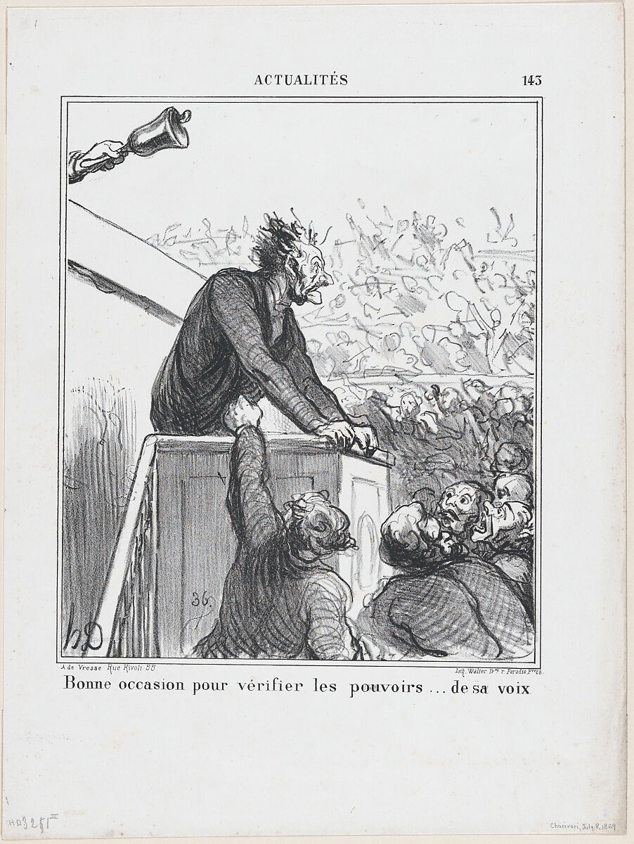 A good occasion to test the power of his voice, from 'News of the day,' published in "Le Charivari", Honoré Daumier (French, Marseilles 1808–1879 Valmondois), Lithograph on wove paper; third state of three (Delteil) 