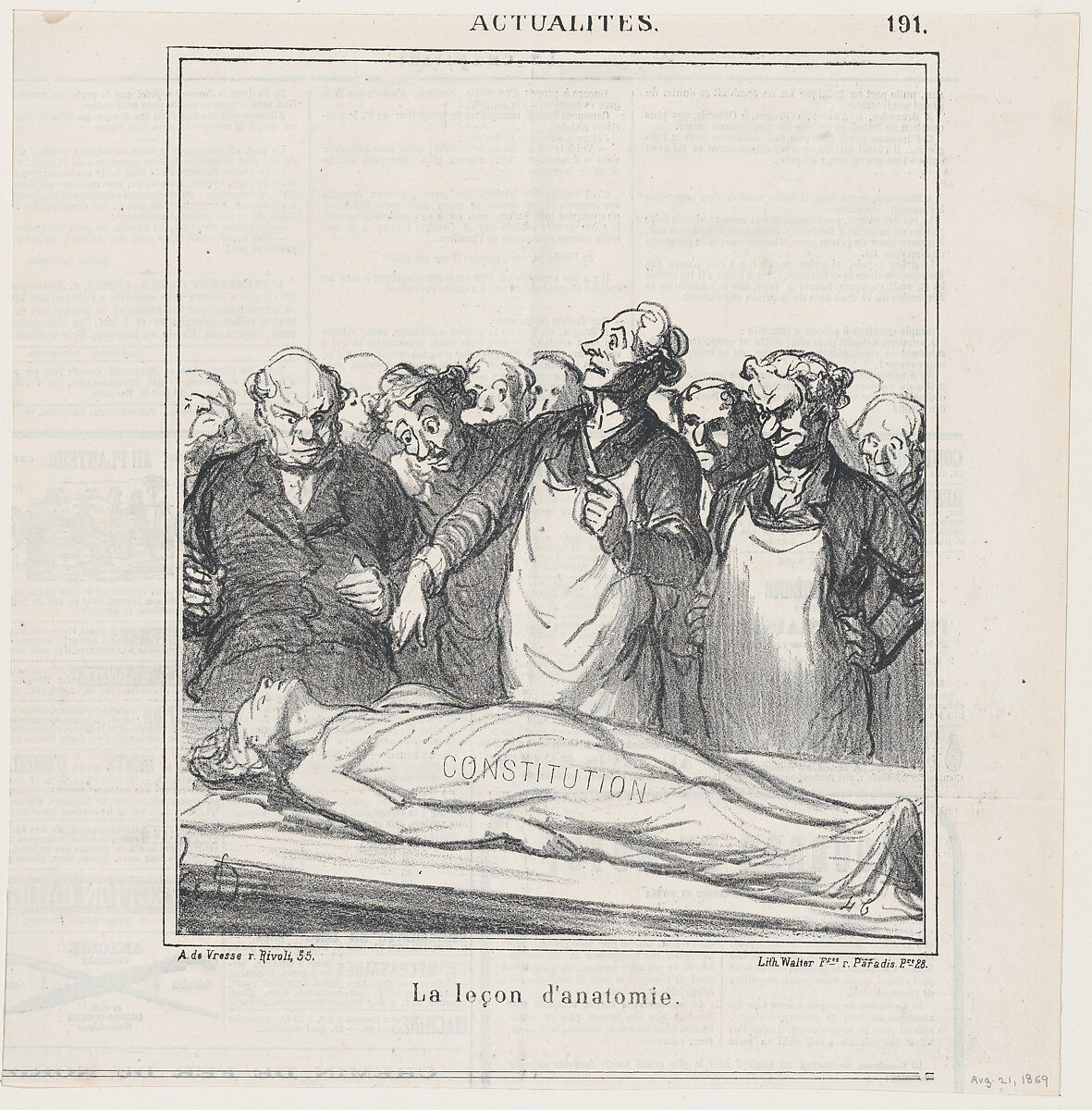 An anatomy lesson, from 'News of the day,' published in Le Charivari, August 21, 1869, Honoré Daumier (French, Marseilles 1808–1879 Valmondois), Lithograph on newsprint; second state of two (Delteil) 