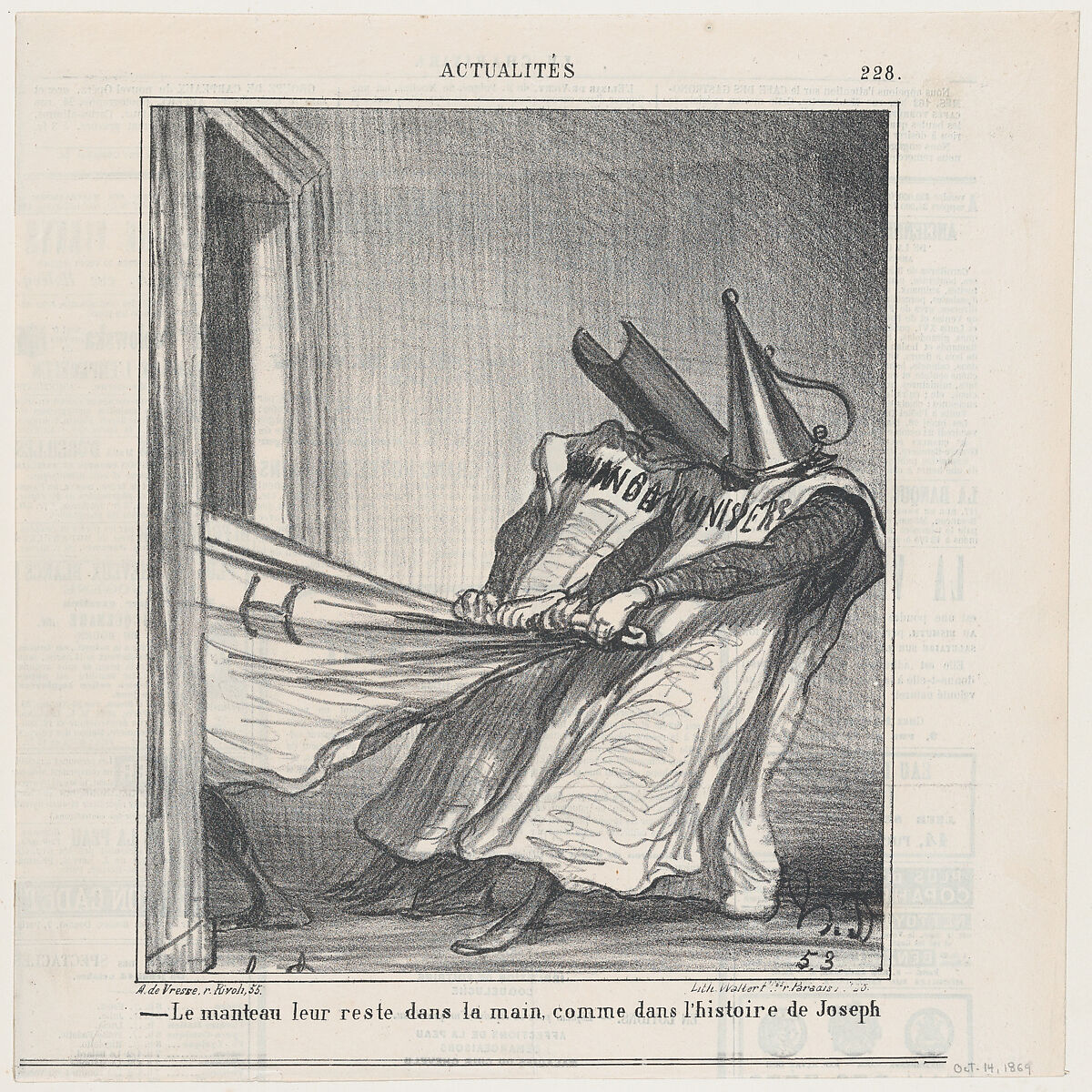 The cloak remains in their hands, like in the story of Joseph, from 'News of the day,' published in Le Charivari, October 14, 1869, Honoré Daumier (French, Marseilles 1808–1879 Valmondois), Lithograph on newsprint; second state of two (Delteil) 