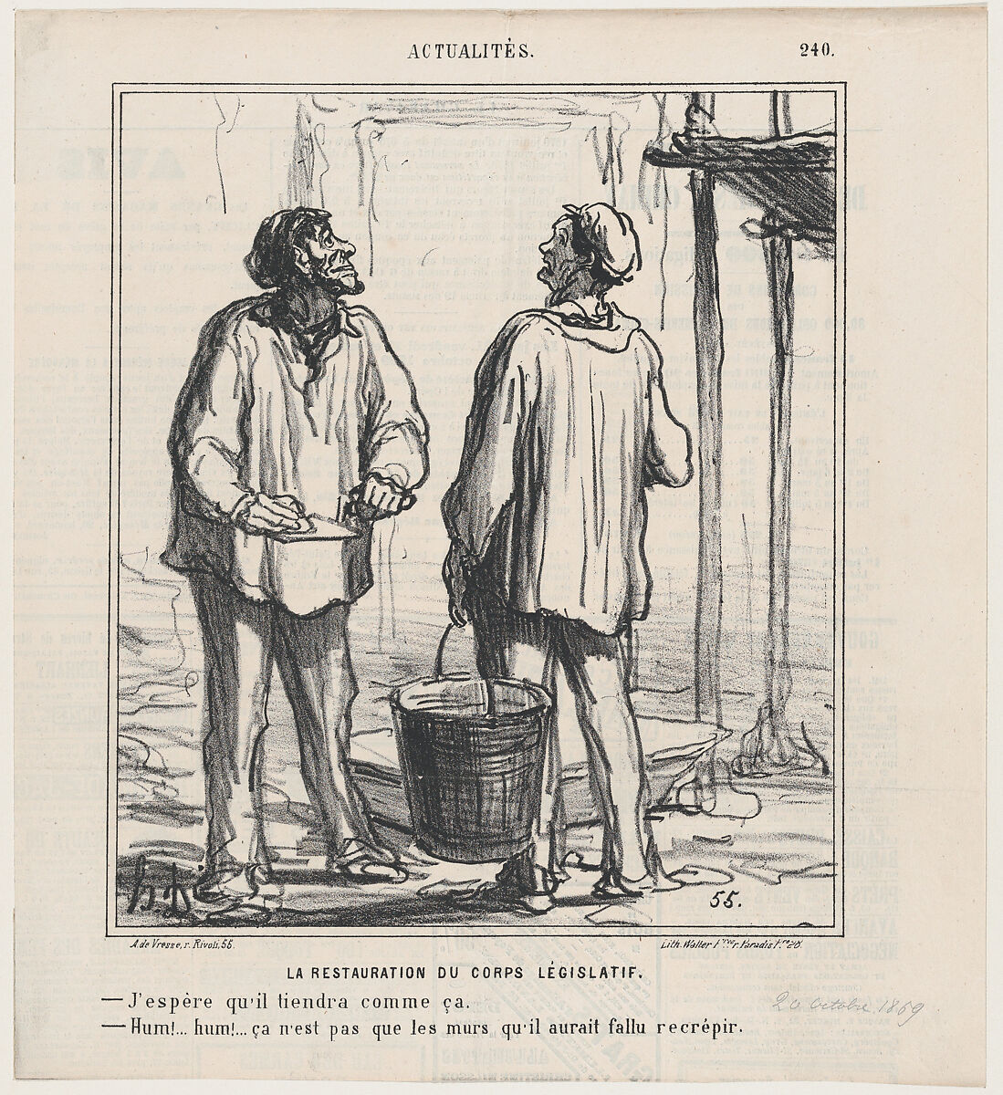 The restoration of the legislative body: –Hope that it will hold like this. –Hum... hummm! Maybe it wasn't enough to just re-plaster the walls., from 'News of the day,' published in Le Charivari, October 20, 1869, Honoré Daumier (French, Marseilles 1808–1879 Valmondois), Lithograph on newsprint; third state of three (Delteil) 