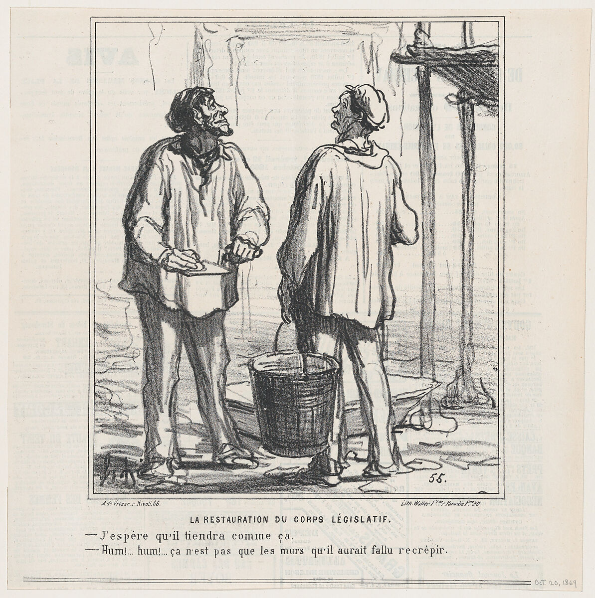 The restoration of the legislative body: –Hope that it will hold like this. –Hum... hummm! Maybe it wasn't enough to just re-plaster the walls., from 'News of the day,' published in Le Charivari, October 20, 1869, Honoré Daumier (French, Marseilles 1808–1879 Valmondois), Lithograph on newsprint; third state of three (Delteil) 