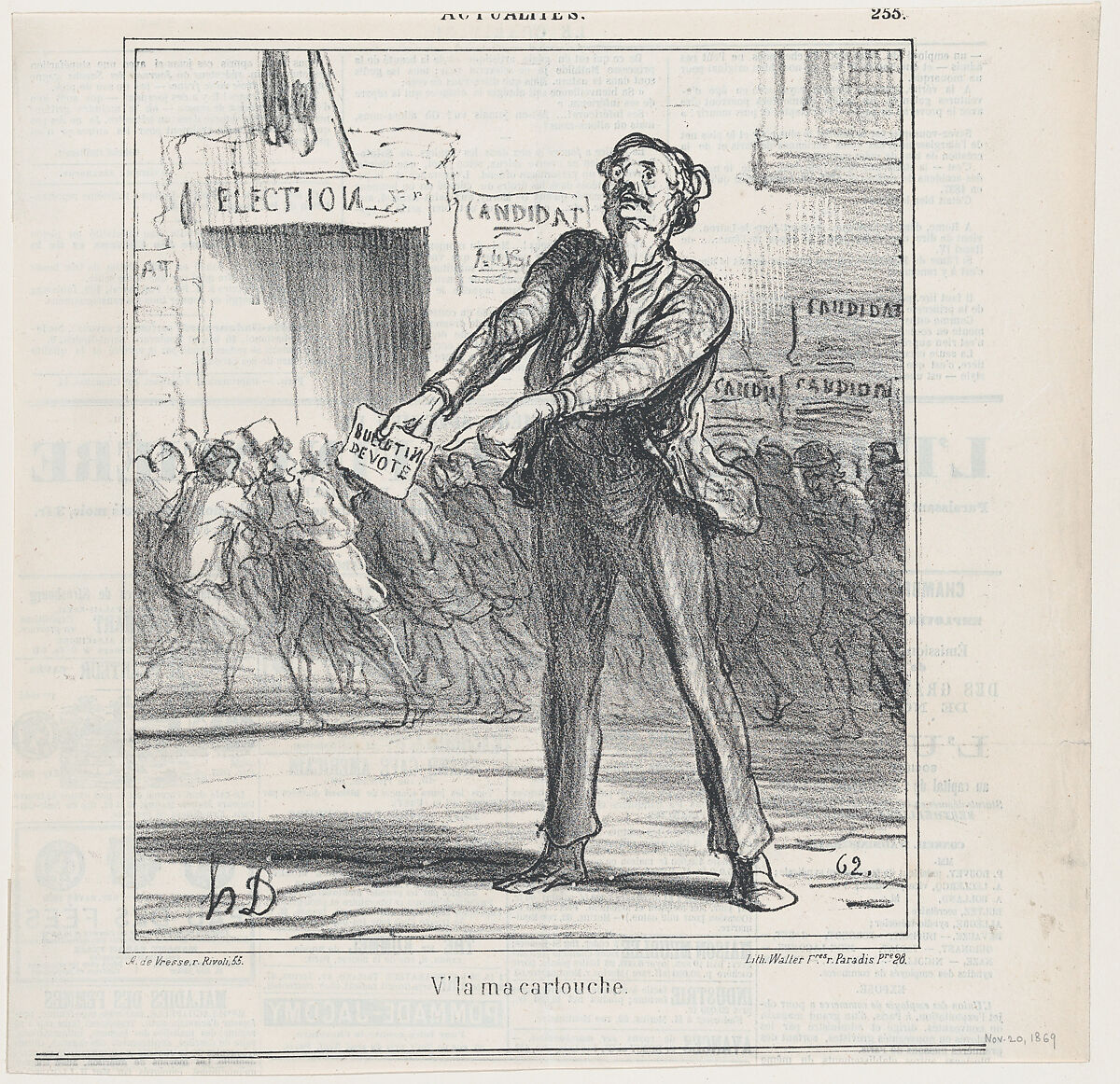 This is my "bullet," from 'News of the day,' published in Le Charivari, November 20, 1869, Honoré Daumier (French, Marseilles 1808–1879 Valmondois), Lithograph on newsprint; second state of two (Delteil) 