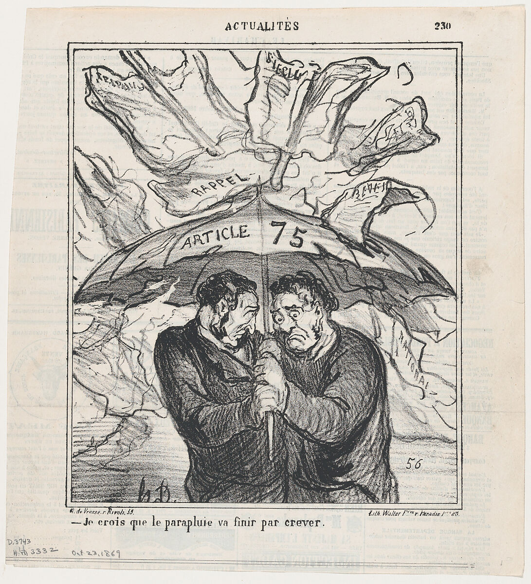 I think this umbrella is going to collapse pretty soon, from 'News of the day,' published in Le Charivari, October 23, 1869, Honoré Daumier (French, Marseilles 1808–1879 Valmondois), Lithograph on newsprint; second state of two (Delteil) 