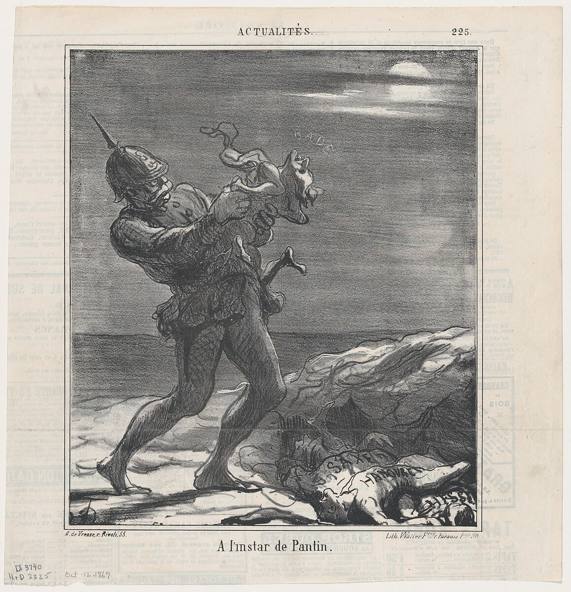 Like a Puppet, from 'News of the day,' published in Le Charivari, October 12, 1869, Honoré Daumier (French, Marseilles 1808–1879 Valmondois), Lithograph on newsprint; second state of two (Delteil) 