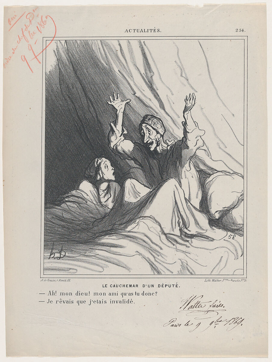 A deputy's nightmare: –Oh my friend, what has happened? –I dreamed I was invalidated, from 'News of the day,' published in Le Charivari, December 7, 1869, Honoré Daumier (French, Marseilles 1808–1879 Valmondois), Lithograph on newsprint; second state of two, proof (Delteil) 