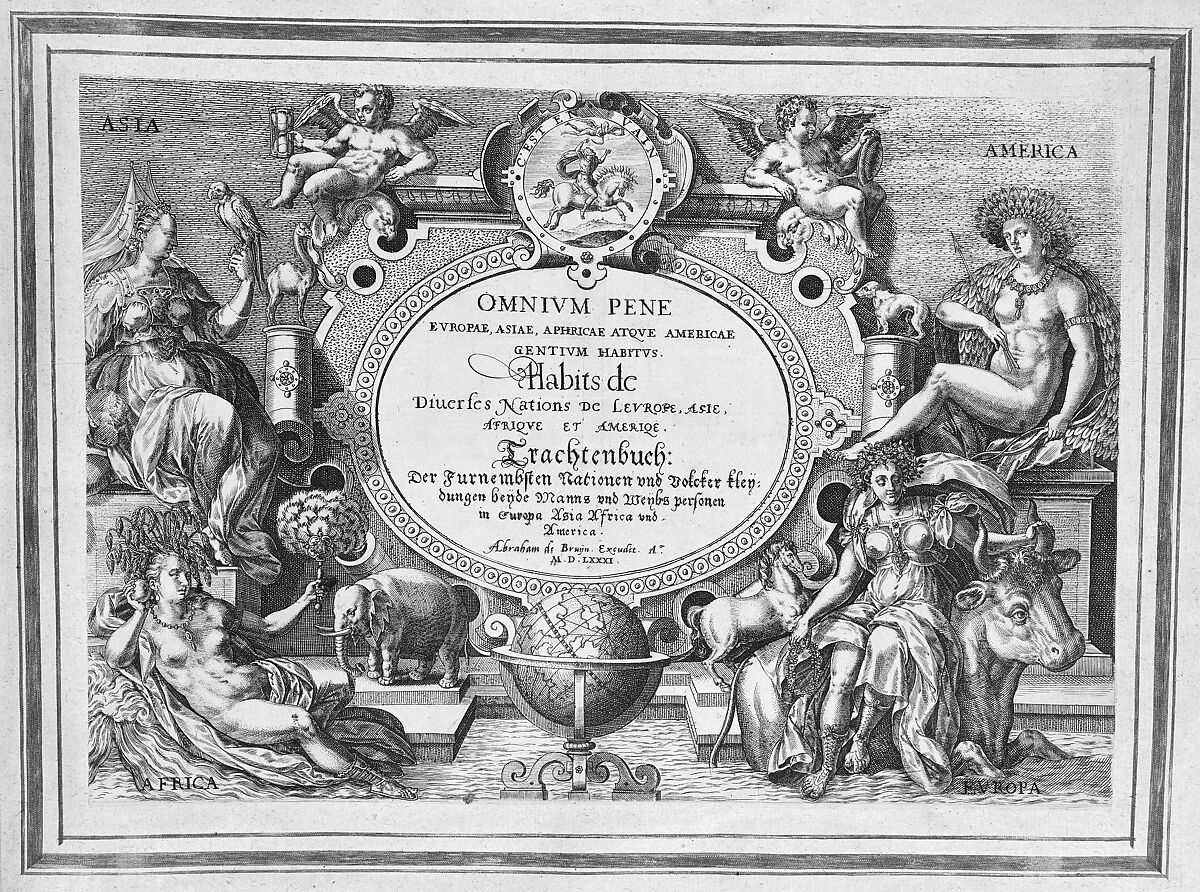 Title Page, "Omnium Pene Europae, Asiae, Aphricae atque Americae Gentium Habitus", Abraham de Bruyn (Flemish, Antwerp 1540–1587 Cologne (?)), Engravings; Old full calf gold-tooled binding 