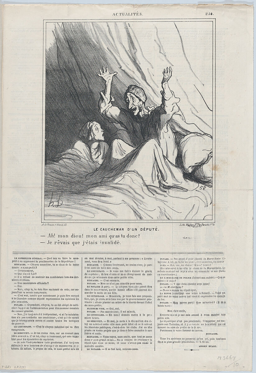 A deputy's nightmare: – Oh my friend, what has happened? – I dreamed I was invalidated, from "News of the day", Honoré Daumier (French, Marseilles 1808–1879 Valmondois), Lithograph on newsprint; second state of two (Delteil)