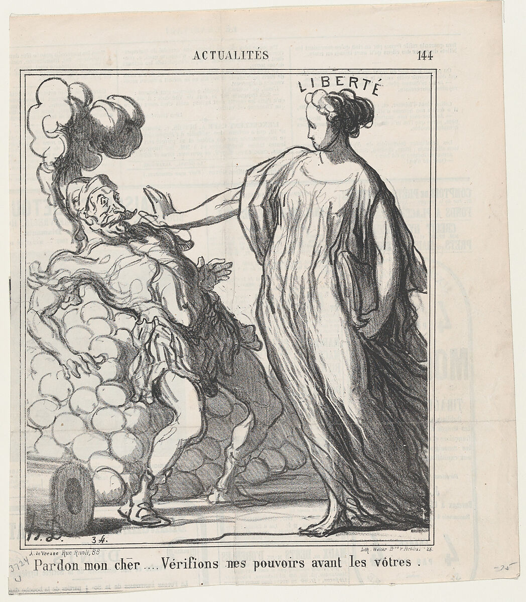 Pardon my friend..... let's verify my powers before yours!, from 'News of the day,' published in Le Charivari, July 16, 1869, Honoré Daumier (French, Marseilles 1808–1879 Valmondois), Lithograph on newsprint; second state of two (Delteil) 
