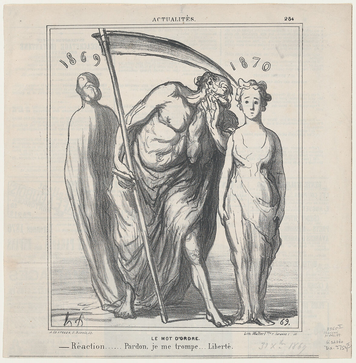 The password: Reaction...... pardon me, I am mistaken... Freedom.., from 'News of the day,' published in Le Charivari, December 31, 1869, Honoré Daumier (French, Marseilles 1808–1879 Valmondois), Lithograph on newsprint; second state of two (Delteil) 