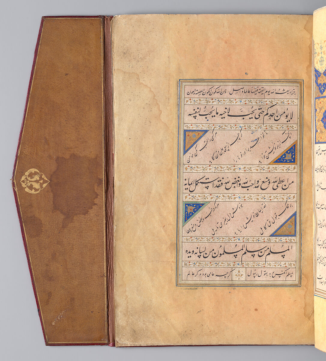 Bound Manuscript of Hadith with Persian Translations by Jami, Shah Mahmud Nishapuri (iranian, ca. 1486–1565), Manuscript: Ink, opaque watercolor, and gold on paper
Binding: Leather, opaque watercolor, and gold