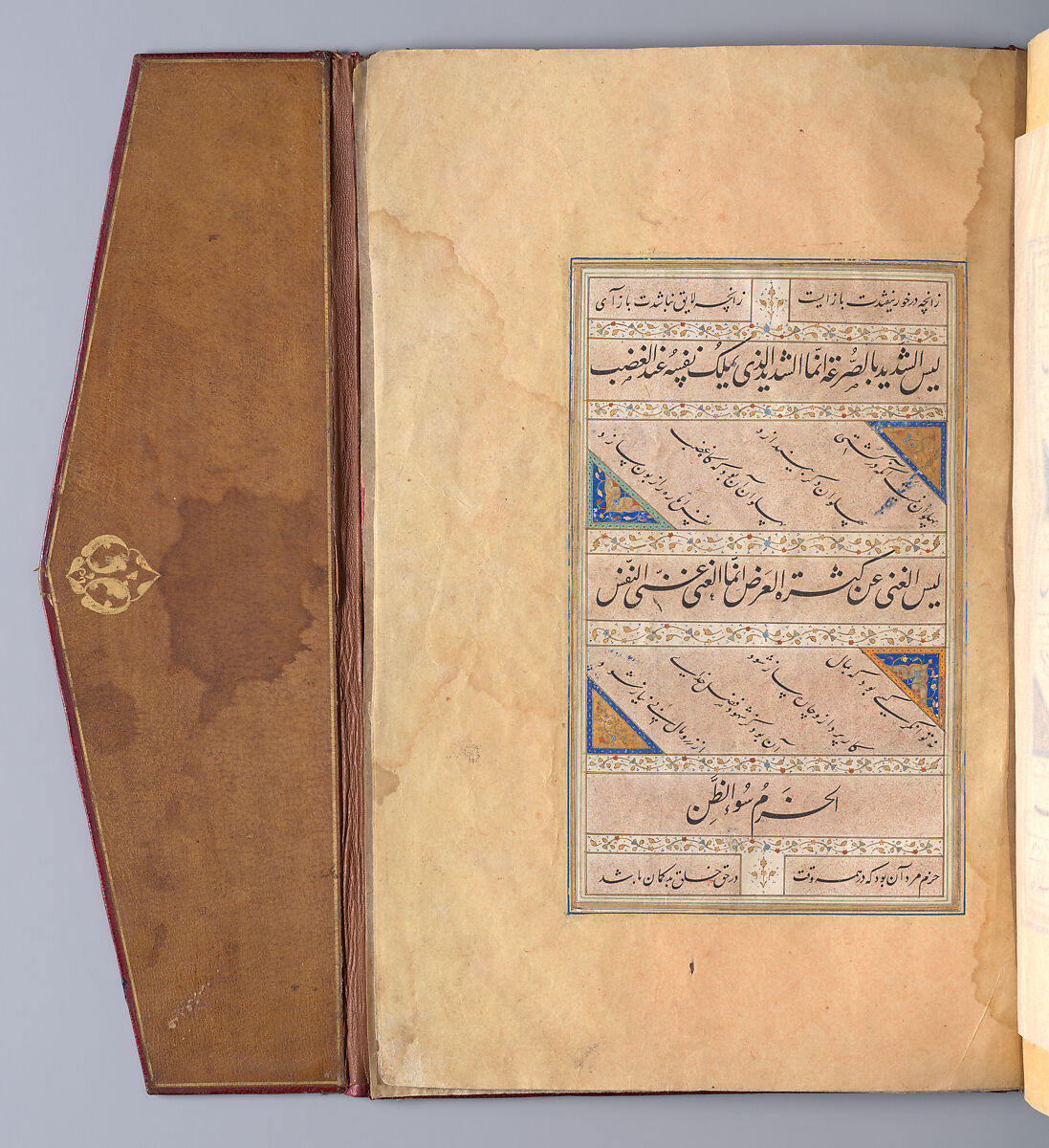 Bound Manuscript of Hadith with Persian Translations by Jami, Shah Mahmud Nishapuri (iranian, ca. 1486–1565), Manuscript: Ink, opaque watercolor, and gold on paper
Binding: Leather, opaque watercolor, and gold