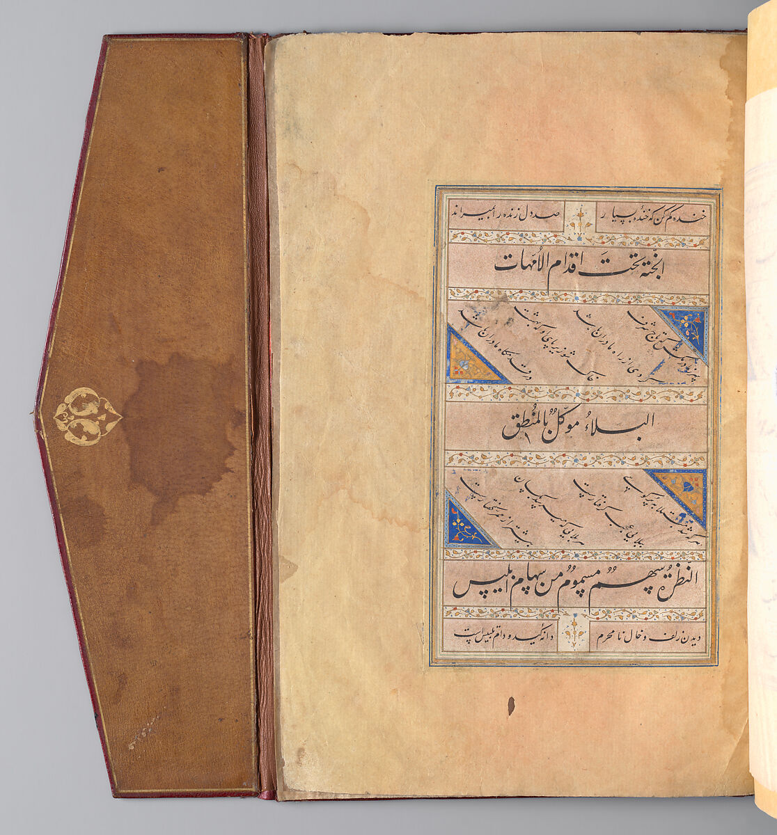 Bound Manuscript of Hadith with Persian Translations by Jami, Shah Mahmud Nishapuri (iranian, ca. 1486–1565), Manuscript: Ink, opaque watercolor, and gold on paper
Binding: Leather, opaque watercolor, and gold