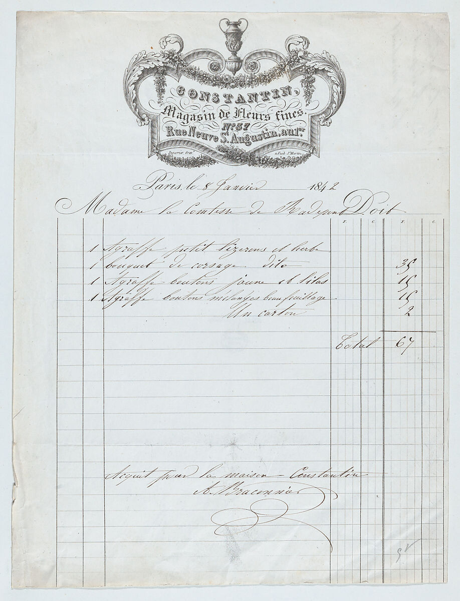 Invoice from Constantin Magasin de Fleurs fines, Paris, for plants and flowers, Constantin Magasin des Fleurs fines, Engraving, pen and ink 