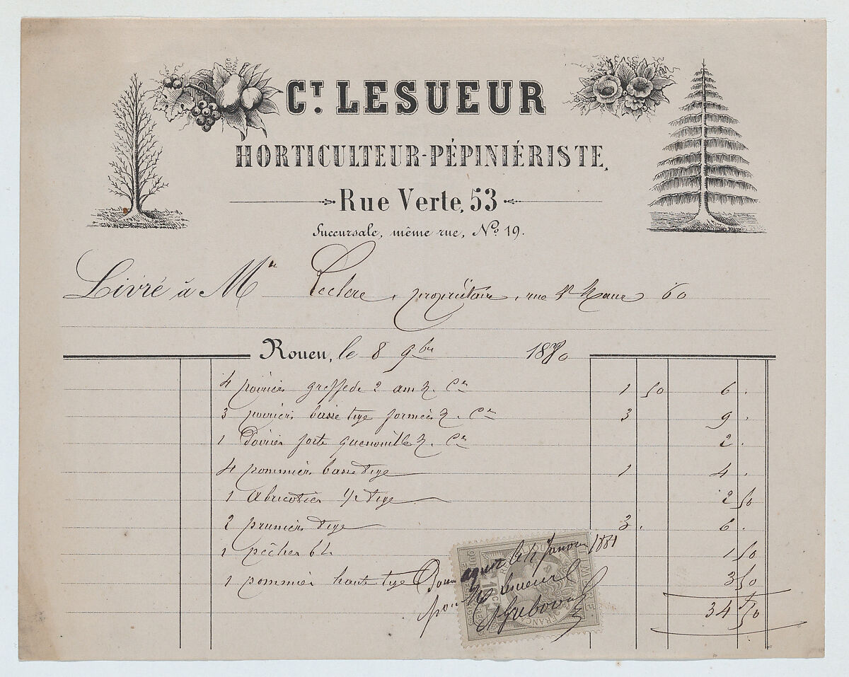 Invoice from Ct. Lesueur, horticulture-nursery, Rouen, for fruit trees, Lesueur Horticulteur-Pépiniériste, Engraving, pen and ink 