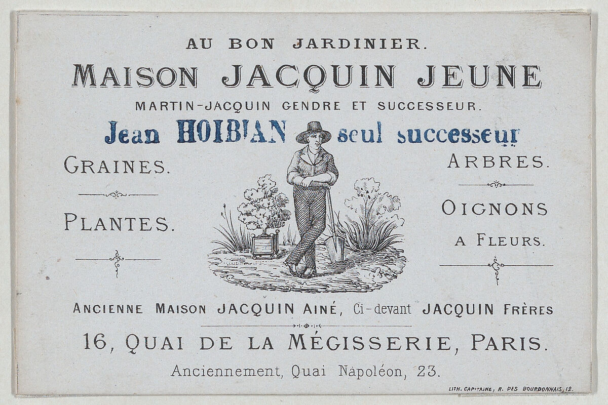 Trade card for Maison Jacquin Jeune, garden supplier, Paris, Maison Jacquin Jeune, Lithograph 