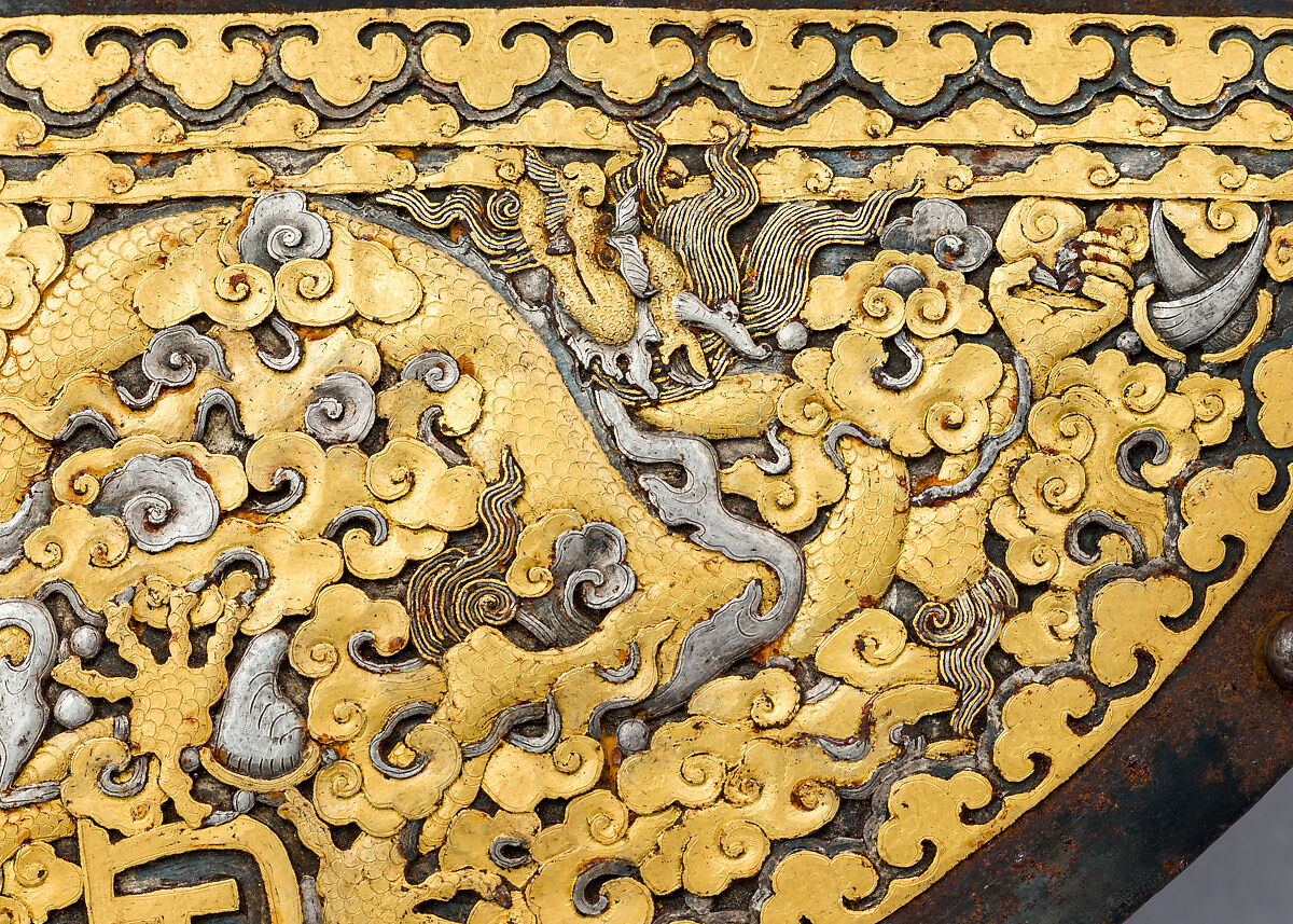 Two Crinet Plates (Neck Defenses) for Ceremonial Horse Armor, Iron, gold, silver, Tibetan
