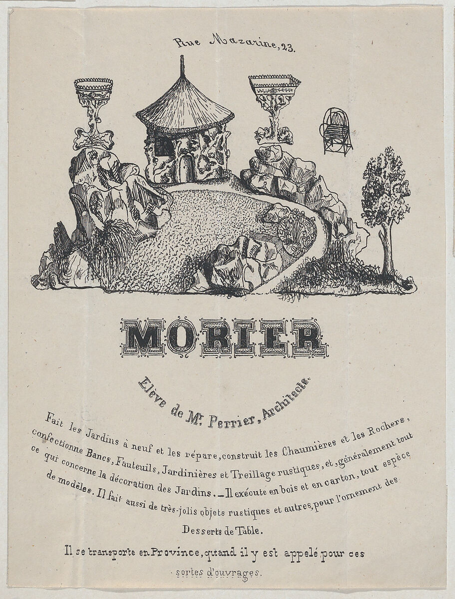 Trade card for Morier, landscape architect, Paris, Morier, Lithograph 