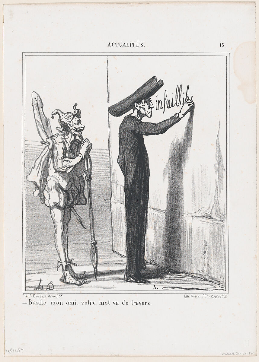 Basile, my friend, your word is going to be askew, from 'News of the day,' published in Le Charivari, January 20, 1870, Honoré Daumier (French, Marseilles 1808–1879 Valmondois), Lithograph on wove paper; second state of two (Delteil) 