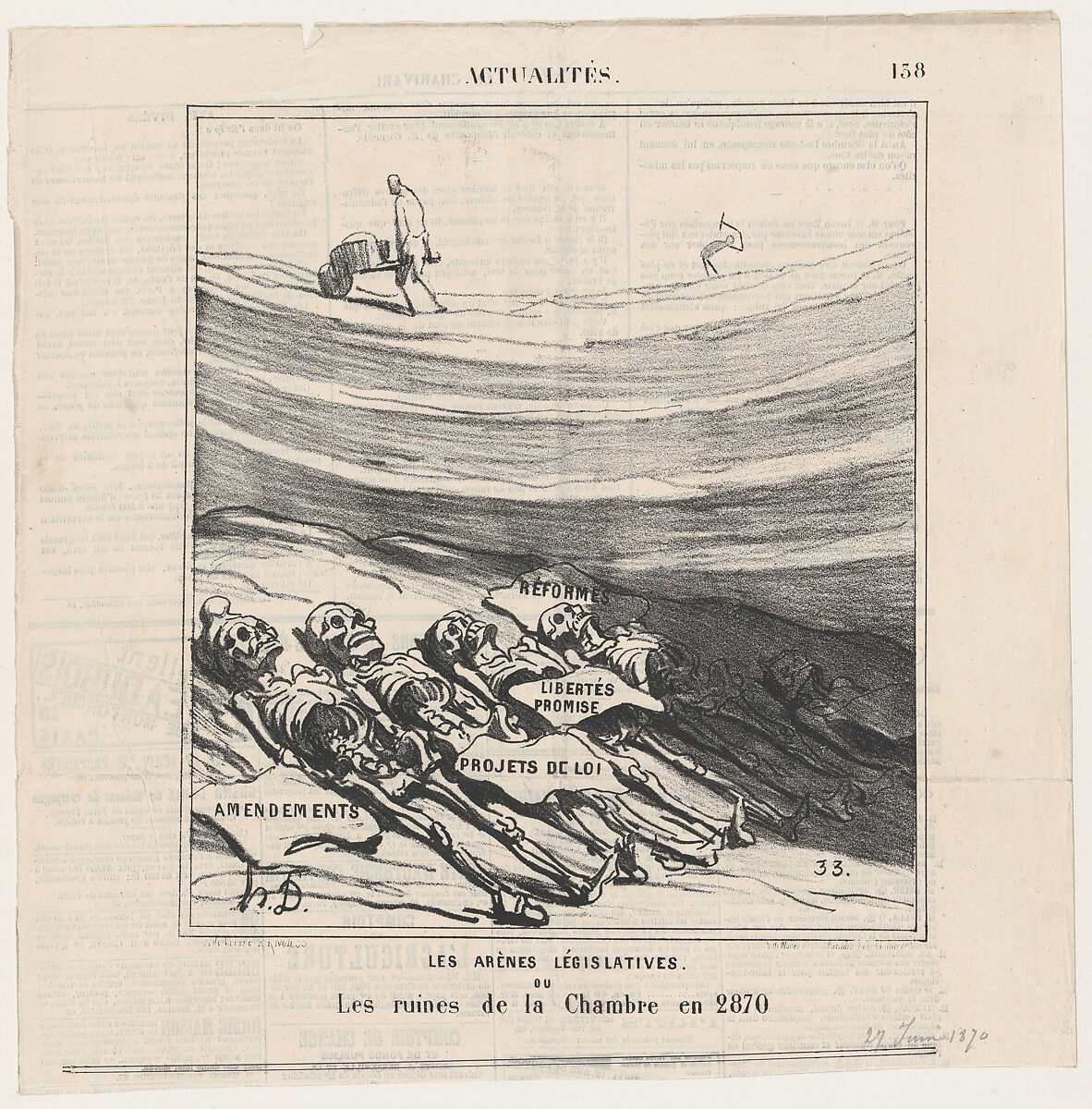 The legislative arena or the ruins of the Chamber of Deputies in the year 2870, from 'News of the day,' published in Le Charivari, June 27, 1870, Honoré Daumier (French, Marseilles 1808–1879 Valmondois), Lithograph on wove paper 