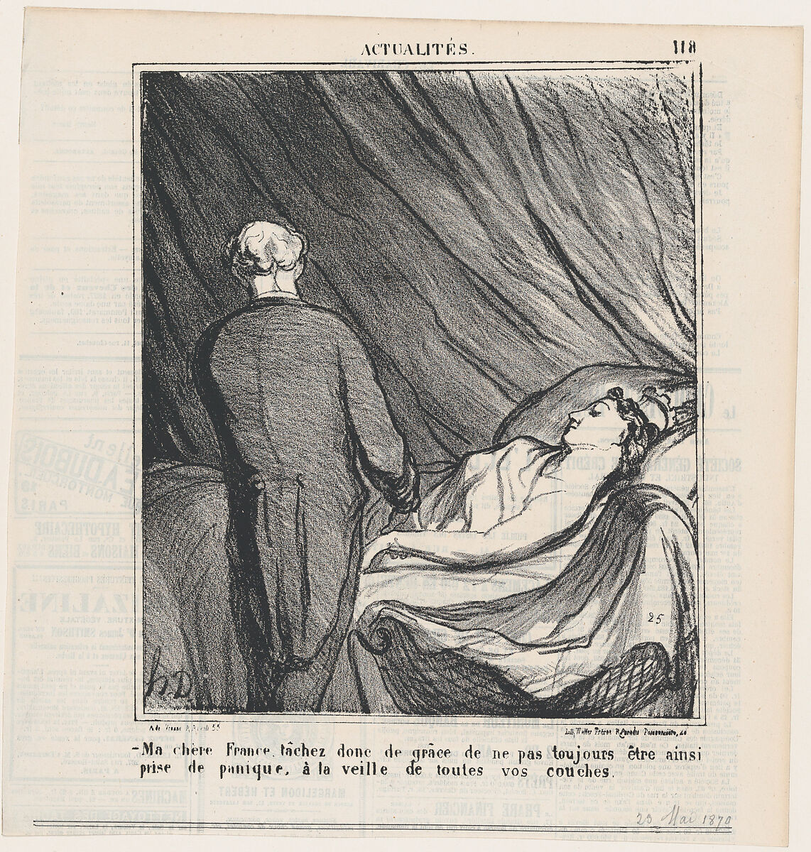 My dear France, I urge you not to panic every time before your delivery!, from 'News of the day,' published in Le Charivari, March 23, 1870, Honoré Daumier (French, Marseilles 1808–1879 Valmondois), Lithograph on wove paper; third state of three (Delteil) 