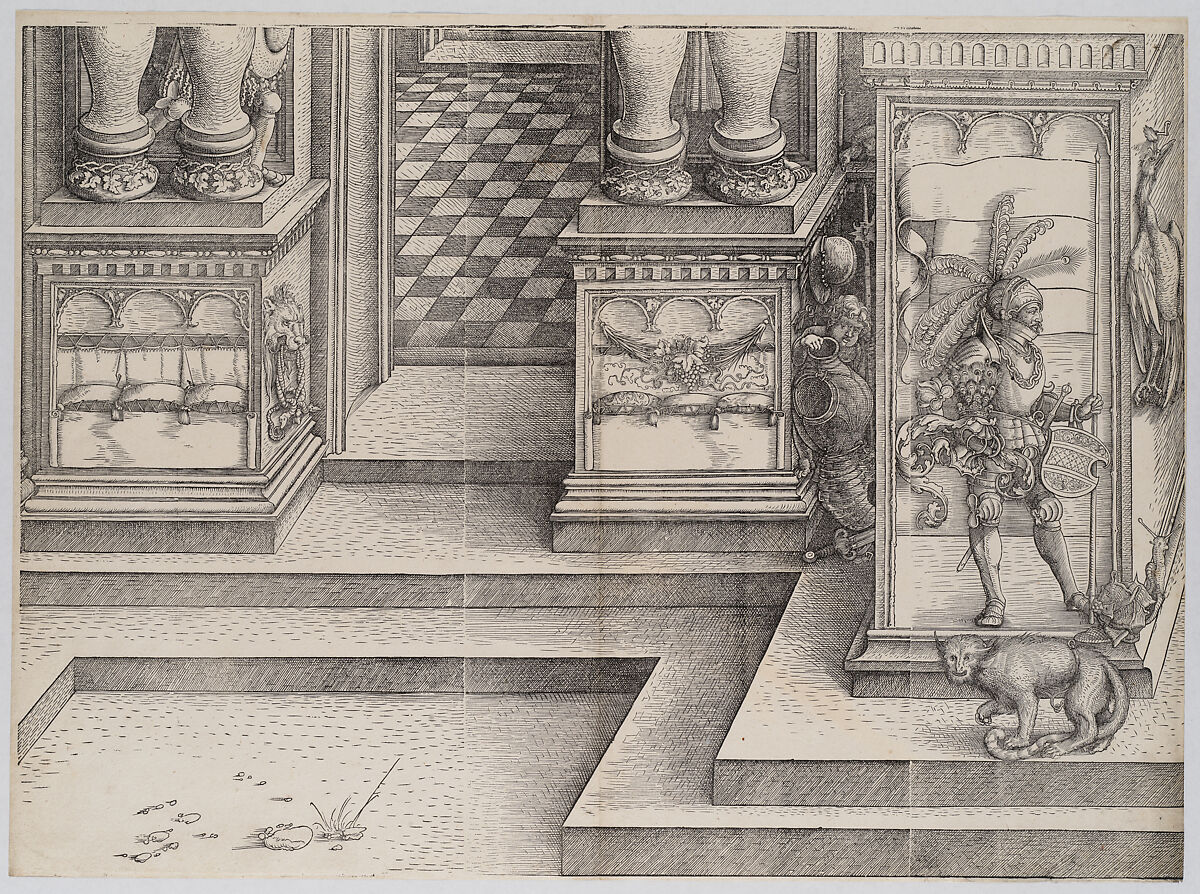 The Lower Portion of the Entryway to the Left Portal (Die Porten des Lobs); and the Outer Left Sockel of the Central Portal, from the Arch of Honor, proof, dated 1515, printed 1517-18, Hans Springinklee (German, ca. 1495–after 1522), Woodcut 
