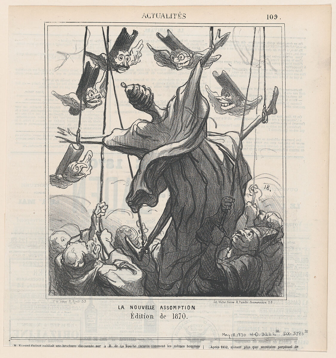 The new assumption, 1870 edition, from 'News of the day,' published in Le Charivari, May 18, 1870, Honoré Daumier (French, Marseilles 1808–1879 Valmondois), Lithograph on newsprint; third state of three (Delteil) 