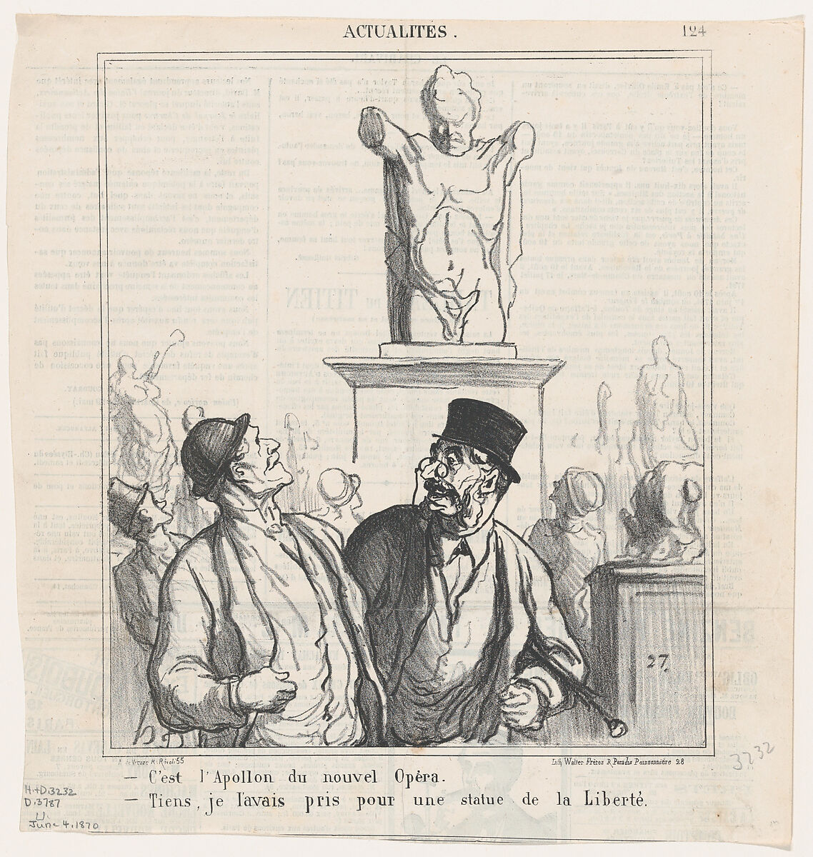 –It's the Apollo of the new opera. –Well, I had taken it for the statue of liberty, from 'News of the day,' published in Le Charivari, June 4, 1870, Honoré Daumier (French, Marseilles 1808–1879 Valmondois), Lithograph on newsprint; third state of three (Delteil) 