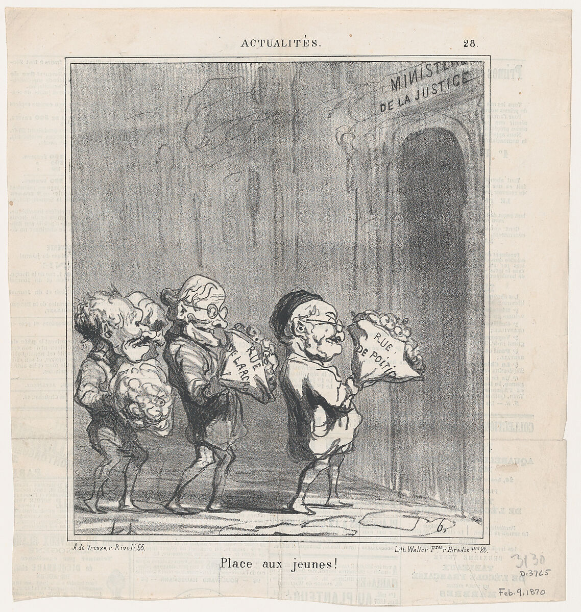 Make room for the young!, from 'News of the day,' published in Le Charivari, February 9, 1870, Honoré Daumier (French, Marseilles 1808–1879 Valmondois), Lithograph on newsprint; second state of two (Delteil) 