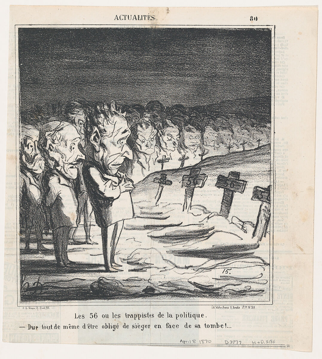 The 56, or the trappists of politics: –Tough to have a session in front of your own grave!, from 'News of the day,' published in Le Charivari, April 8, 1870, Honoré Daumier (French, Marseilles 1808–1879 Valmondois), Lithograph on newsprint; third state of three (Delteil) 