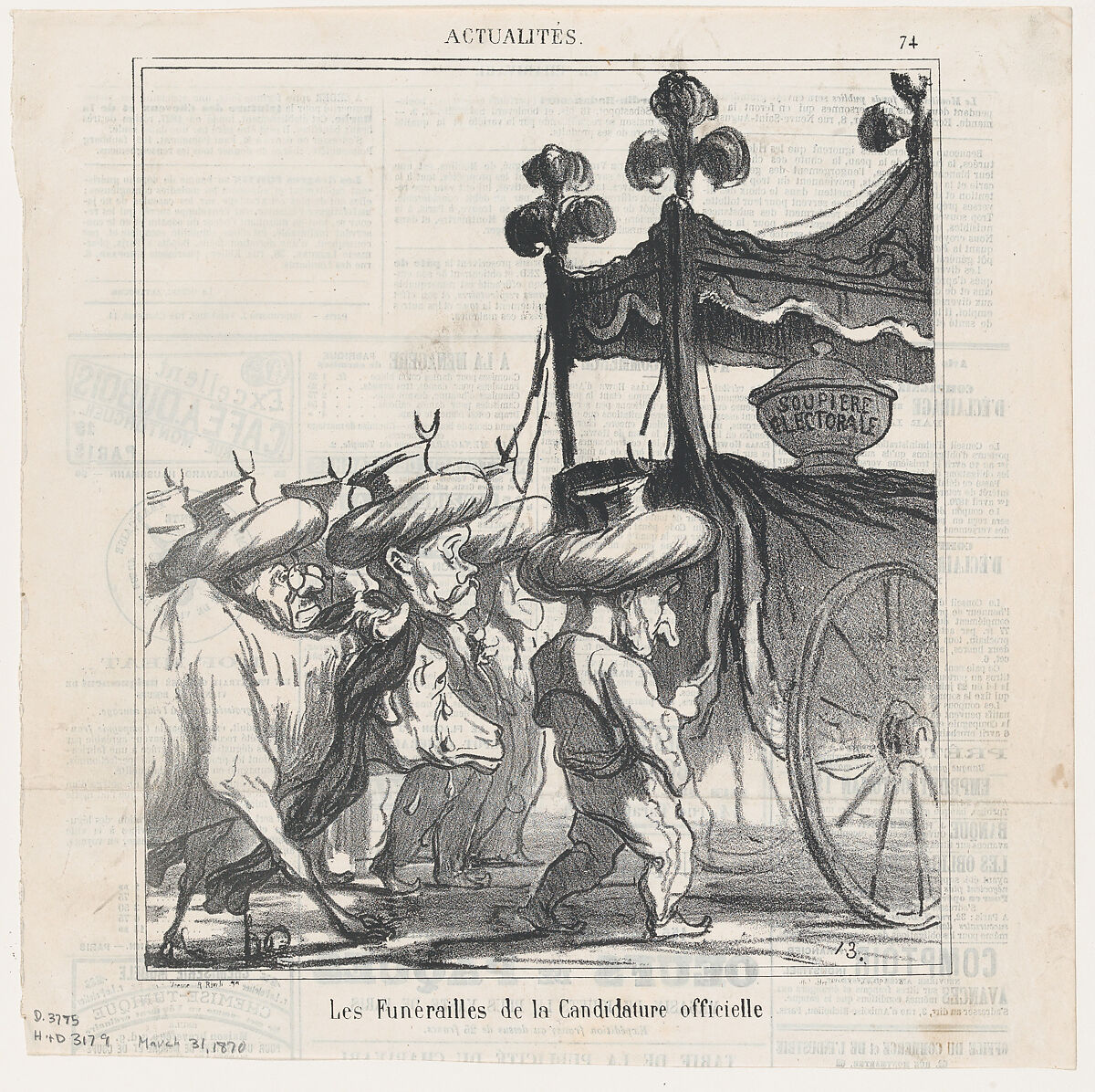 The funeral ceremony for the official candidacy, from 'News of the day,' published in Le Charivari, March 31, 1870, Honoré Daumier (French, Marseilles 1808–1879 Valmondois), Lithograph on newsprint 