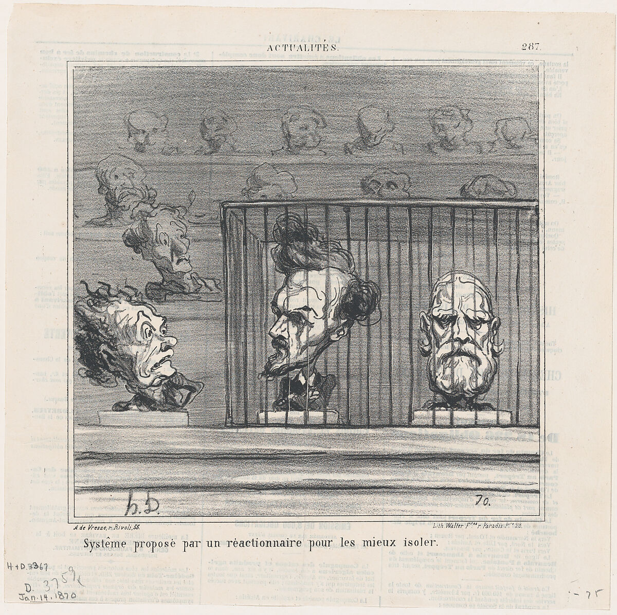 Proposal for a new system to better isolate reactionnaries, from 'News of the day,' published in Le Charivari, January 14, 1870, Honoré Daumier (French, Marseilles 1808–1879 Valmondois), Lithograph on newsprint; second state of two (Delteil) 