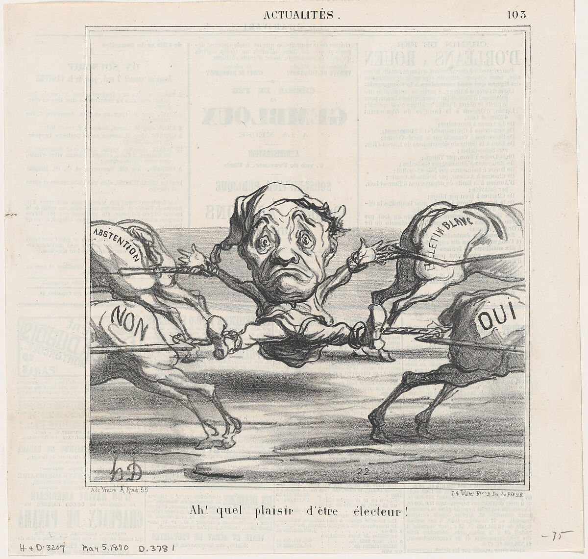 What a joy to be a voter!, from 'News of the day,' published in Le Charivari, May 5, 1870, Honoré Daumier (French, Marseilles 1808–1879 Valmondois), Lithograph on newsprint; second state of two (Delteil) 