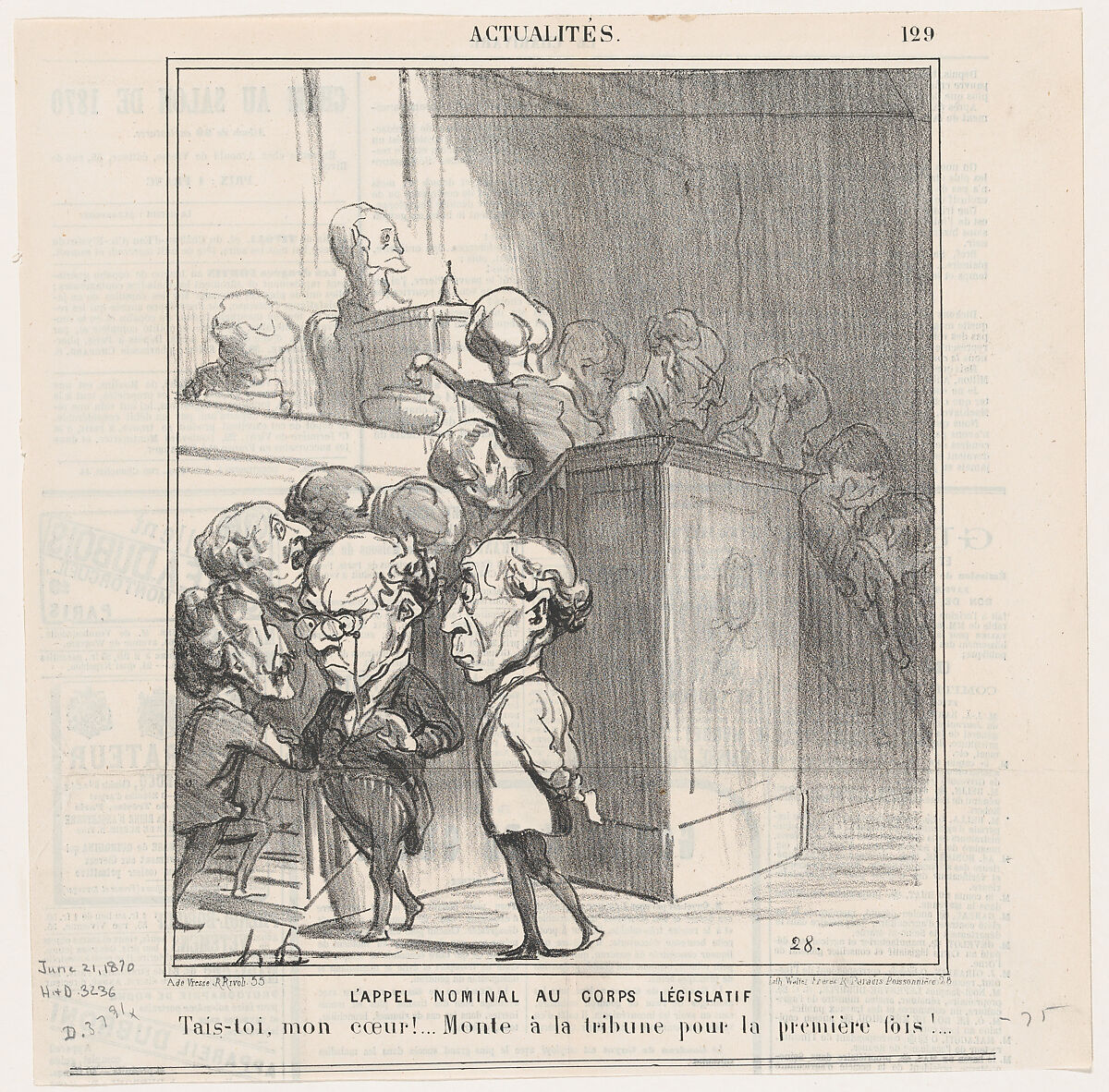 The first roll-call of the new legislature –Be still my beating heart... Go to the tribune for the first time!, from 'News of the day,' published in Le Charivari, June 21, 1870, Honoré Daumier (French, Marseilles 1808–1879 Valmondois), Lithograph on newsprint; second state of two (Delteil) 