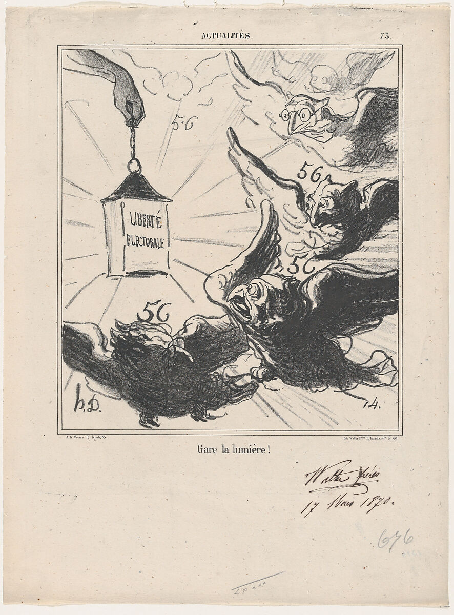 Look out for the light!, from 'News of the day,' published in Le Charivari, April 5, 1870, Honoré Daumier (French, Marseilles 1808–1879 Valmondois), Lithograph and pen and brown ink on newsprint; second state of two, proof (Delteil) 