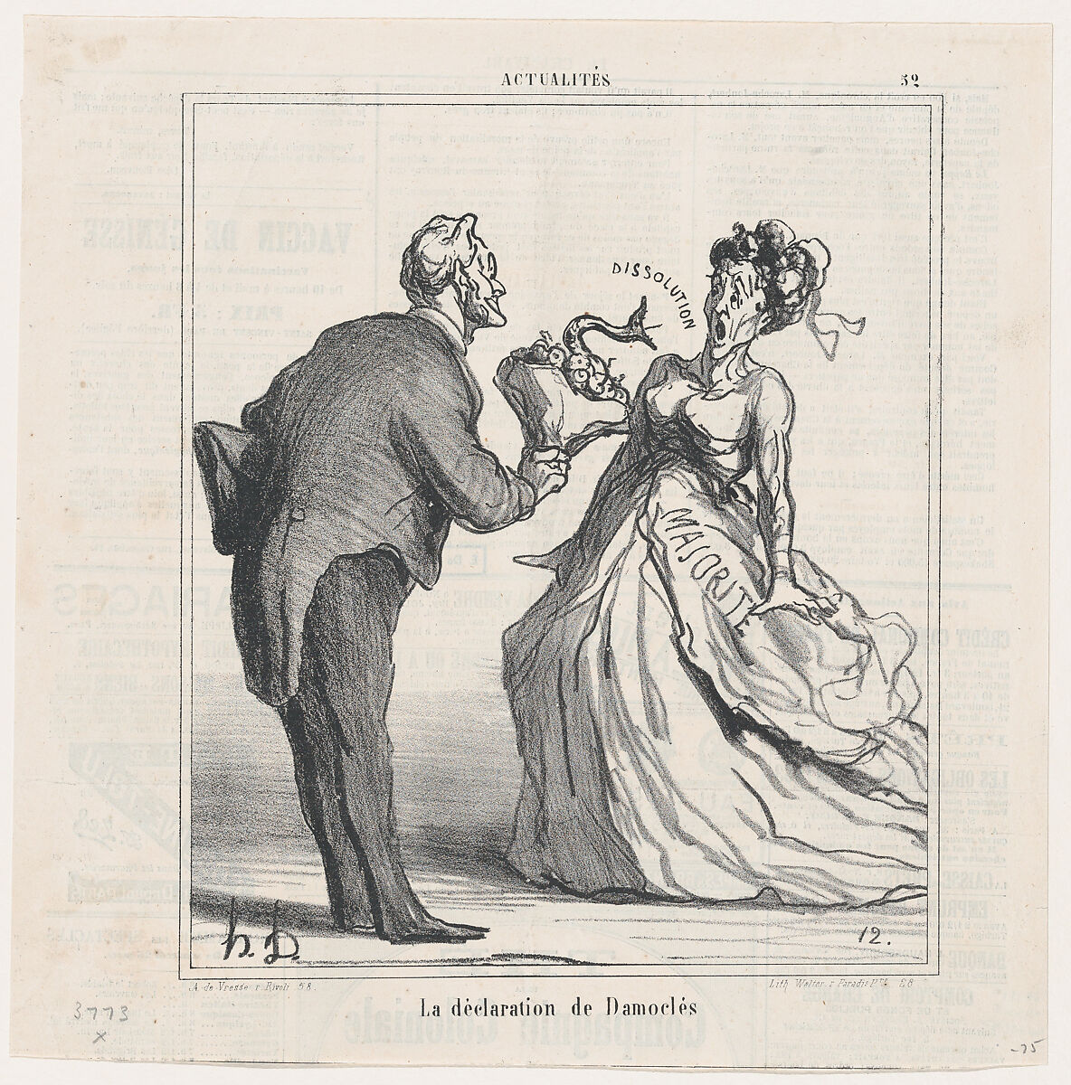 The declaration of Damocles, from "News of the day", Honoré Daumier (French, Marseilles 1808–1879 Valmondois), Lithograph on newsprint; second state of two (Delteil) 