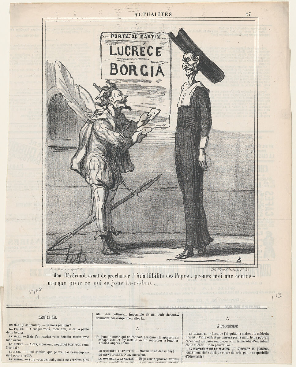 Reverend, before proclaiming the infallibility of the Pope, please get your entrance ticket for the play in there, from 'News of the day,' published in Le Charivari, March 5, 1870, Honoré Daumier (French, Marseilles 1808–1879 Valmondois), Lithograph on newsprint; third state of three (Delteil) 