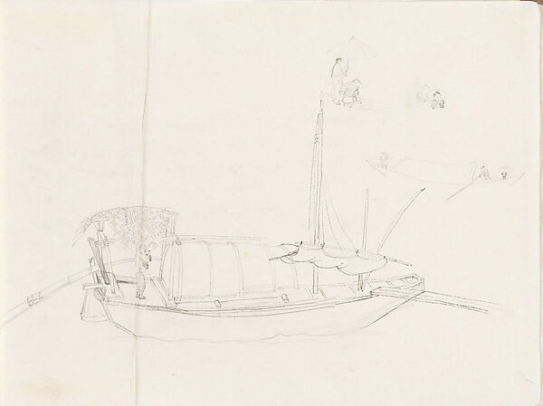 Boats and Figures, Xie Zhiliu (Chinese, 1910–1997), Sheet from a sketchbook; pencil and ink on paper, China 