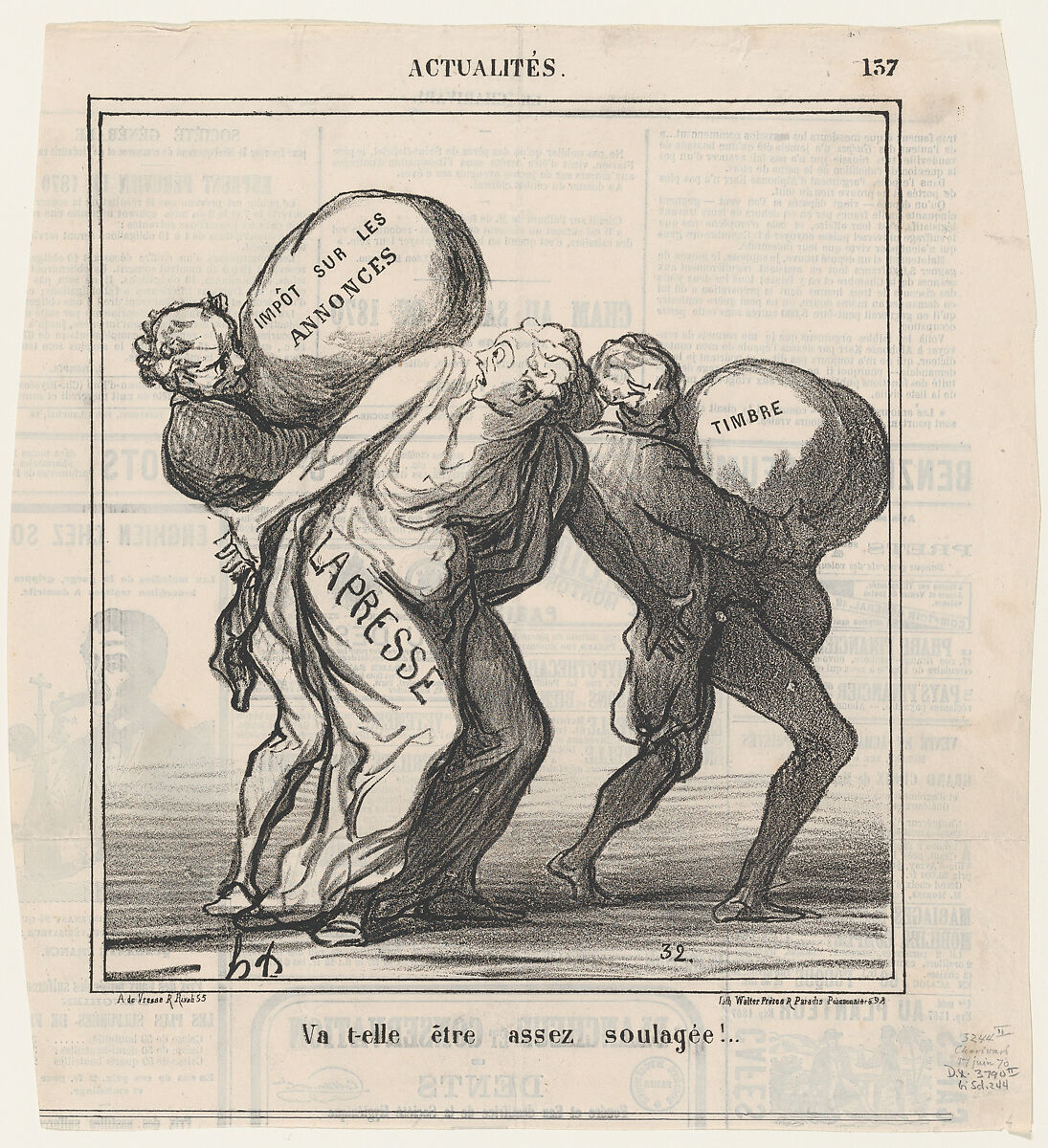 Will she be helped enough..., from 'News of the day,' published in Le Charivari, June 17, 1870, Honoré Daumier (French, Marseilles 1808–1879 Valmondois), Lithograph on newsprint; second state of two (Delteil) 