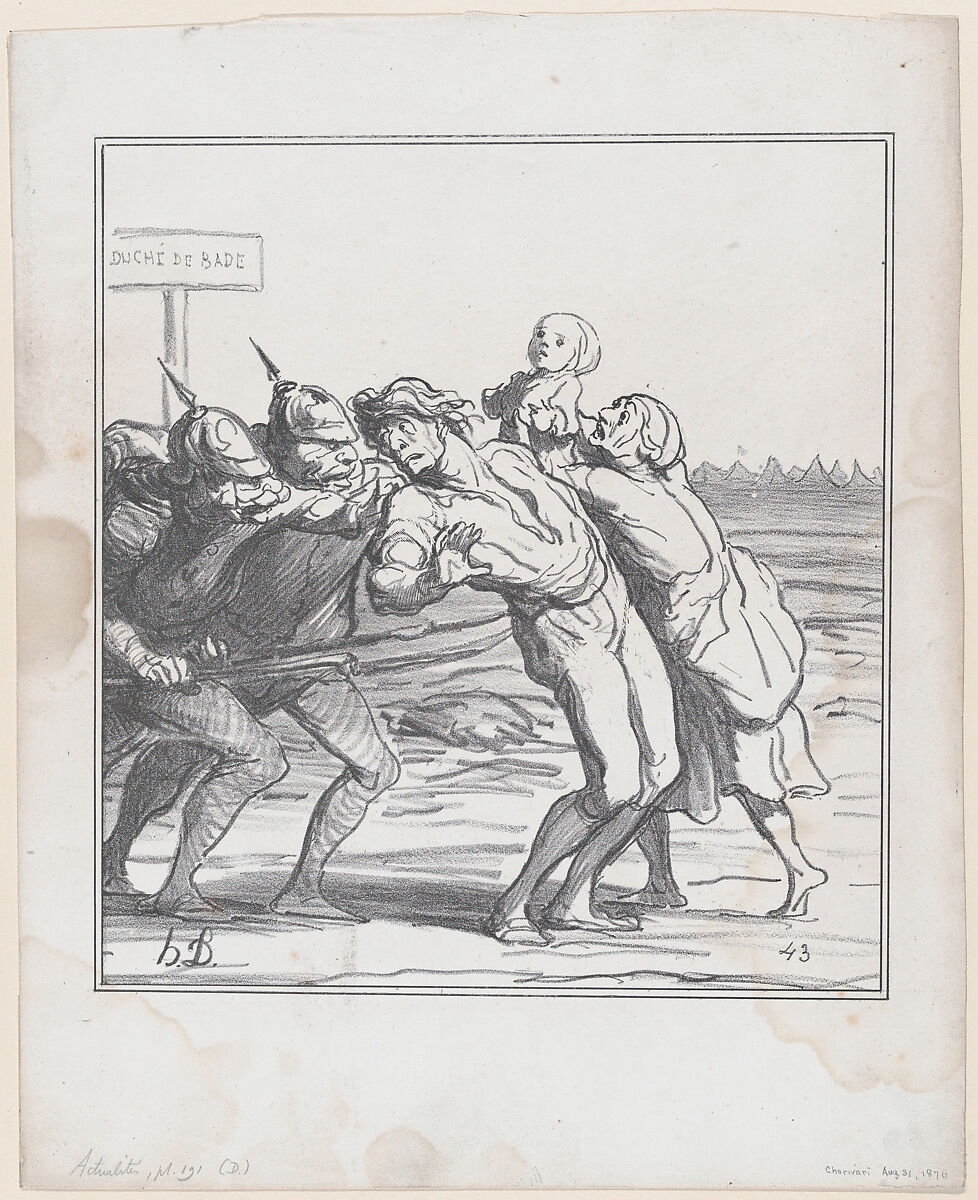 Calling their reserve conscripts to the colors, from 'News of the day,' published in "Le Charivari", Honoré Daumier (French, Marseilles 1808–1879 Valmondois), Lithograph on wove paper; second state of two (Delteil) 