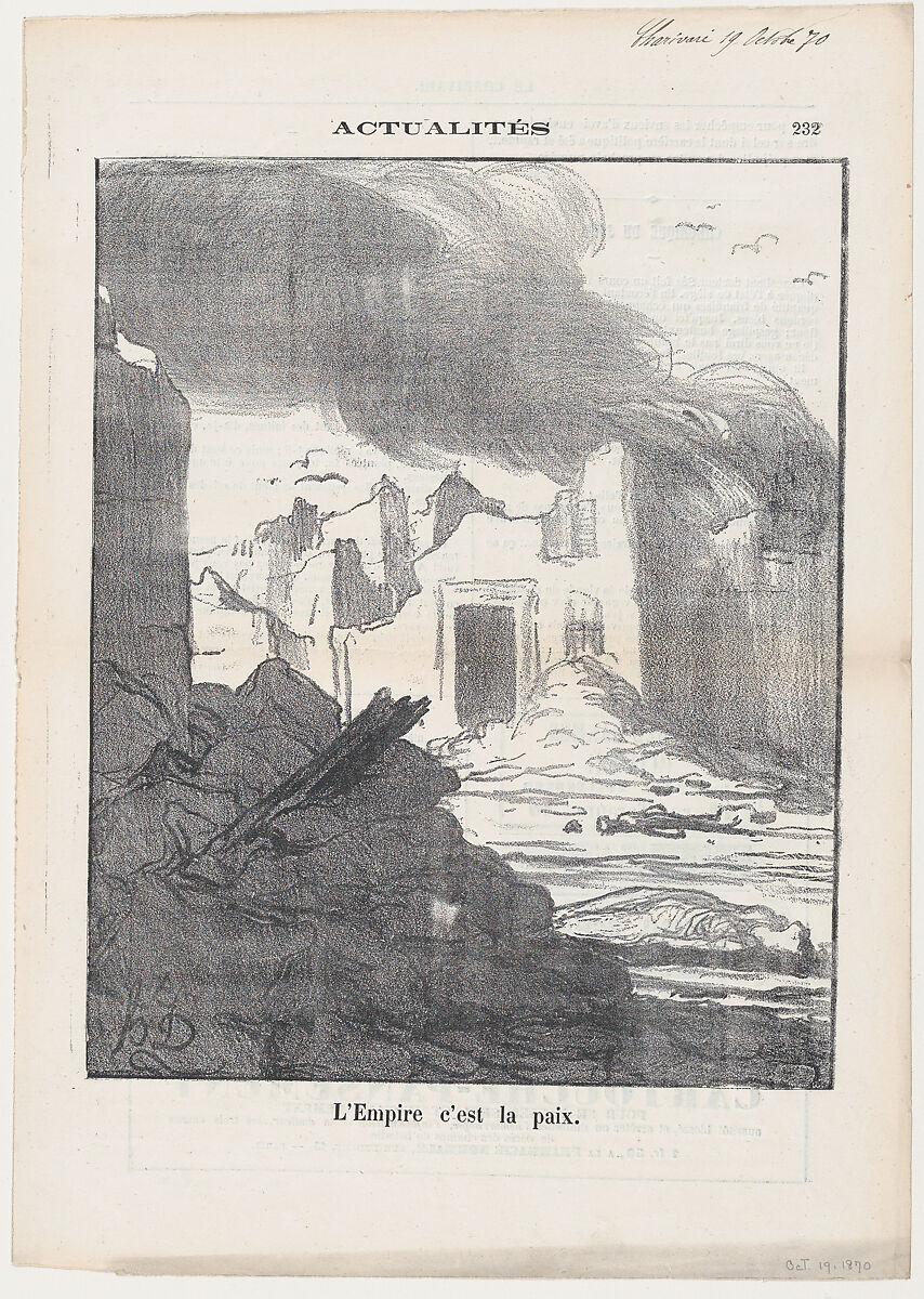 The Empire means Peace, from 'News of the day,' published in Le Charivari, October 19, 1870, Honoré Daumier (French, Marseilles 1808–1879 Valmondois), Lithograph on newsprint; second state of three (Delteil) 