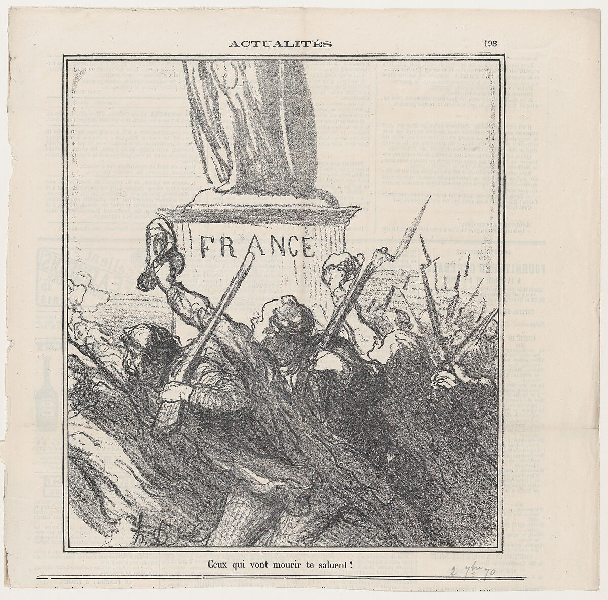 Those who are about to die, salute thee, from 'News of the day,' published in Le Charivari, September 2, 1870, Honoré Daumier (French, Marseilles 1808–1879 Valmondois), Lithograph on newsprint; second state of two (Delteil) 