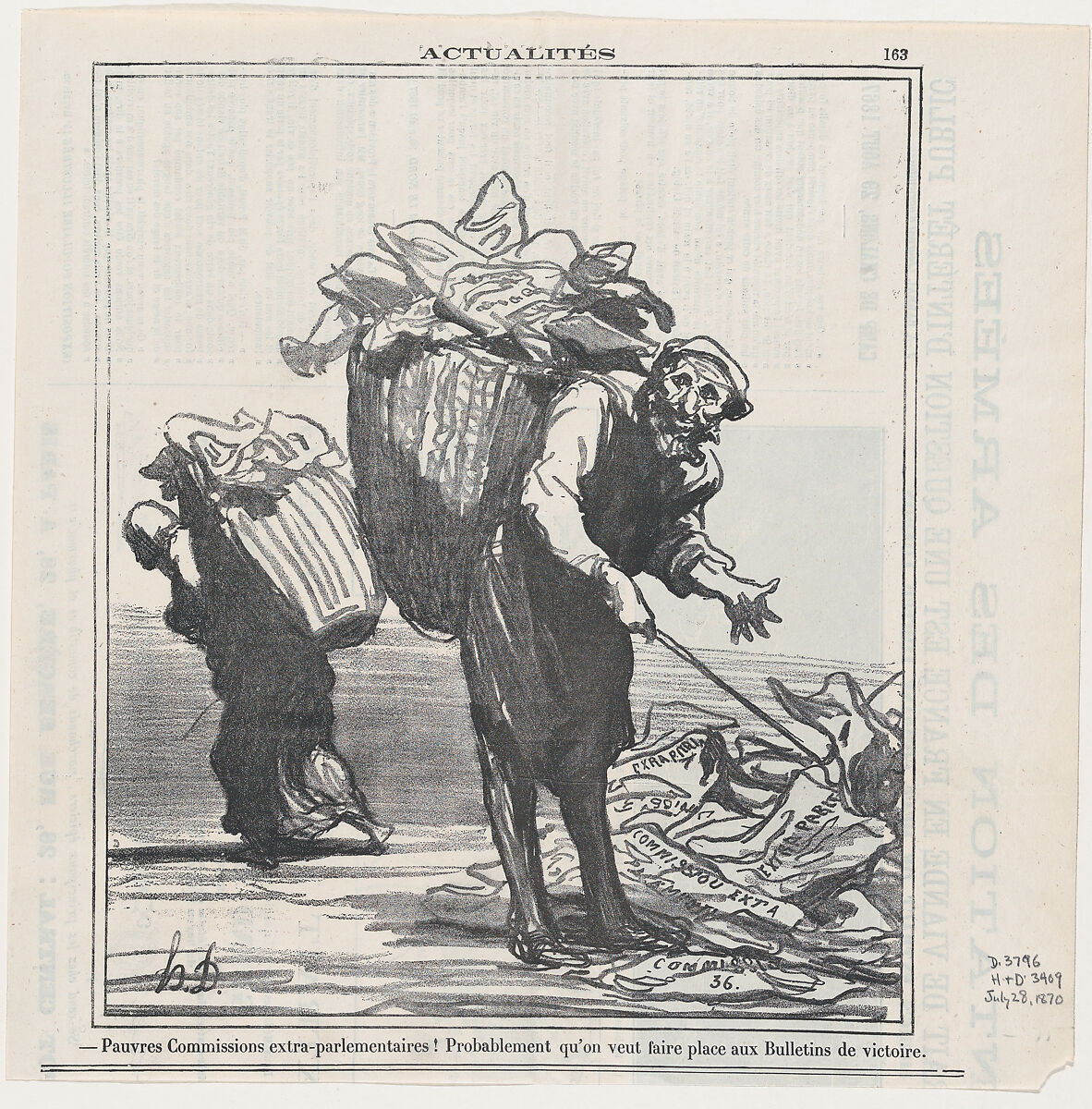 Poor extra parliamentary commission! They probably just wanted to make room for some victory bulletins, from 'News of the day,' published in Le Charivari, July 28, 1870, Honoré Daumier (French, Marseilles 1808–1879 Valmondois), Lithograph on newsprint; second state of two (Delteil) 