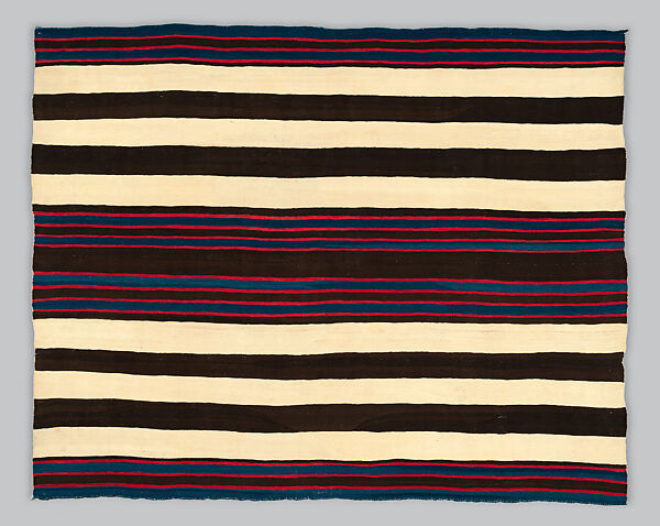 First-phase chief's blanket, Handspun undyed and indigo-dyed Churro fleece and raveled lac-dyed bayeta, Diné/ Navajo, Native American