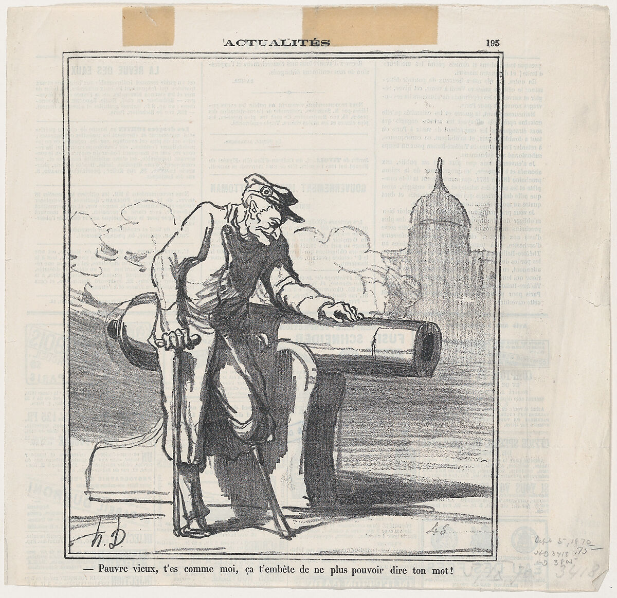 Poor old fellow. You are like me... it annoys you that you cannot speak up as you would like to, from 'News of the day,' published in "Le Charivari", Honoré Daumier (French, Marseilles 1808–1879 Valmondois), Lithograph on newsprint; second state of two (Delteil) 