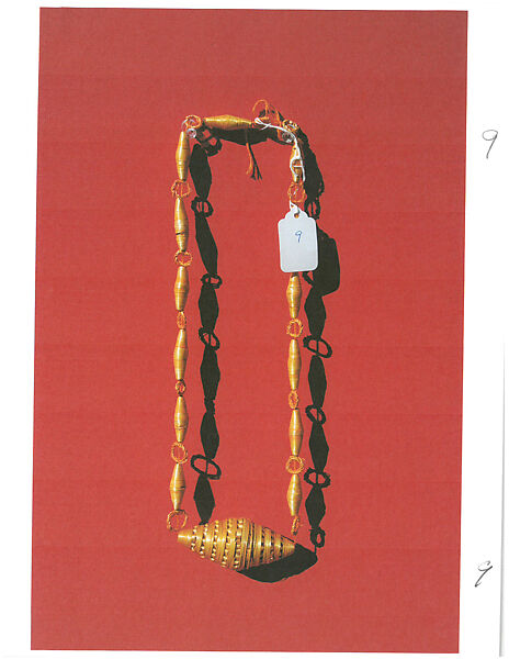 Necklace of 13 cyinders and 14 rings, large cylinder, Straw and beeswax, Songhay 
