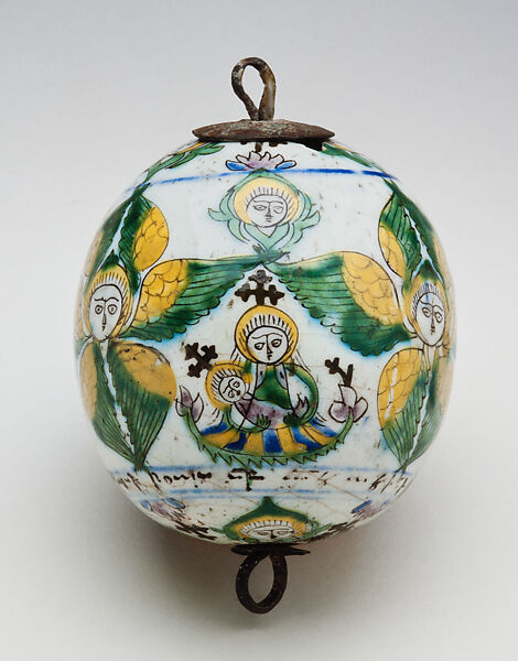Egg-Shaped Ornament, Frit body with green, yellow, blue, magneisum purple and brownish black underglaze painting; with metal fittings at each end, Armenian 