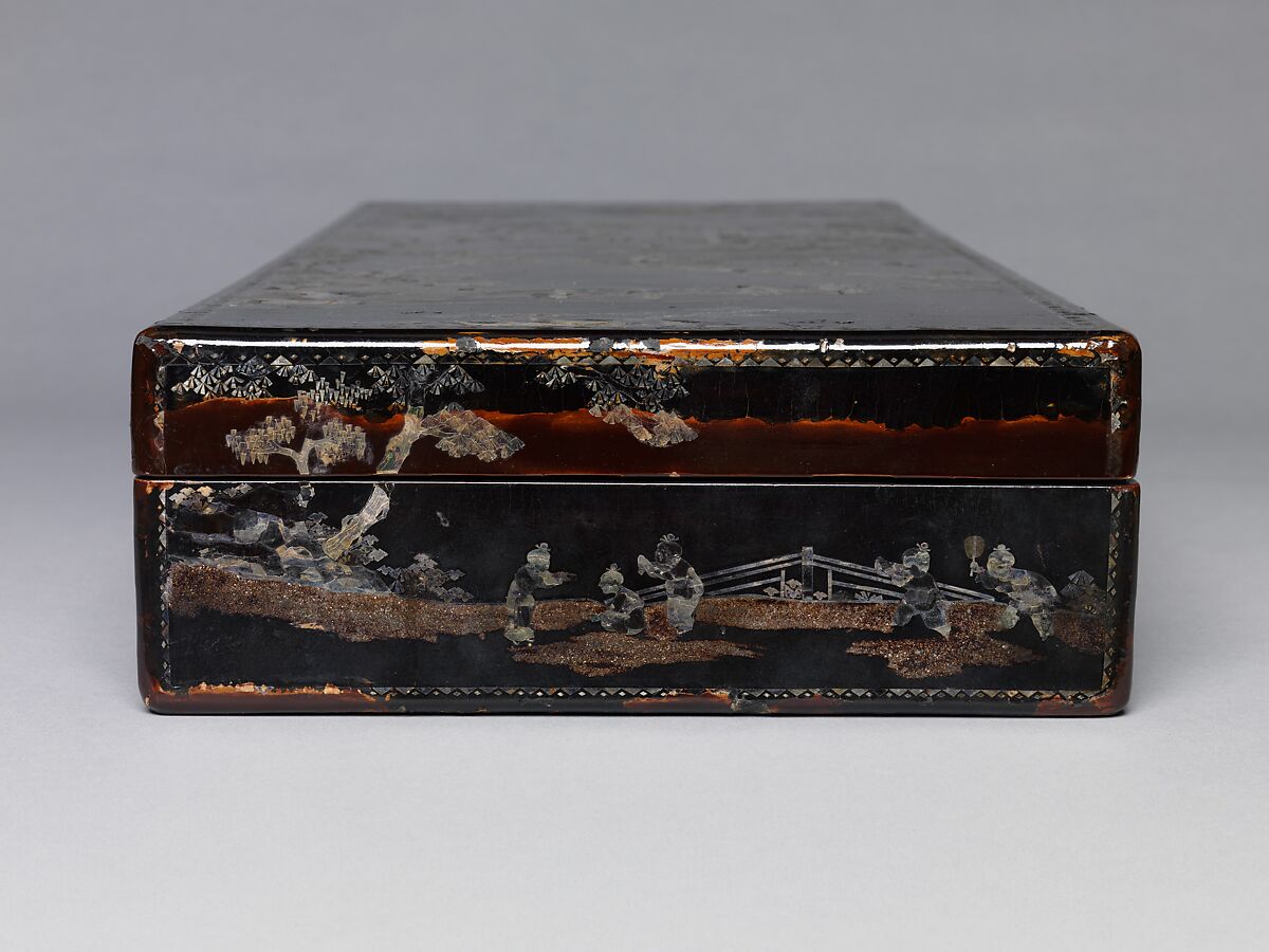Box with scene of a reception and boys at play, Lacquer inlaid with mother-of-pearl, gold, and silver, China