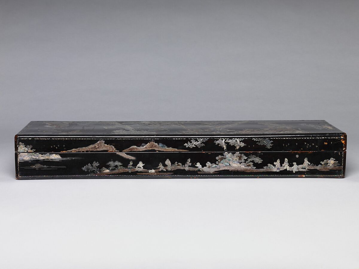 Box with scene of a reception and boys at play, Lacquer inlaid with mother-of-pearl, gold, and silver, China