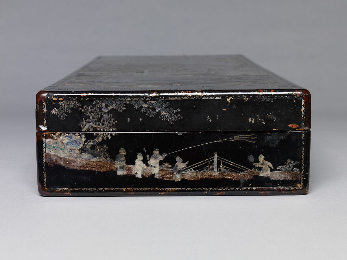 Box with scene of a reception and boys at play, Lacquer inlaid with mother-of-pearl, gold, and silver, China