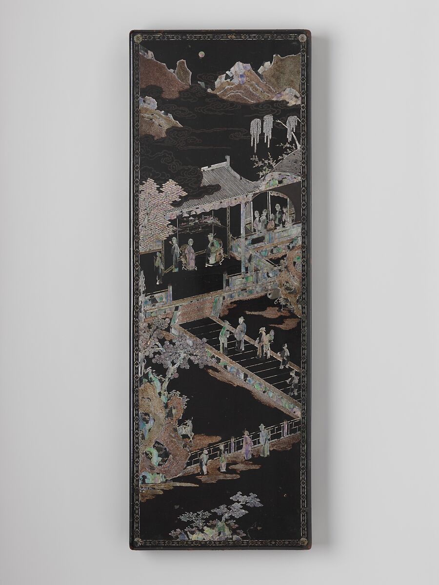 Box with scene of a reception and boys at play, Lacquer inlaid with mother-of-pearl, gold, and silver, China